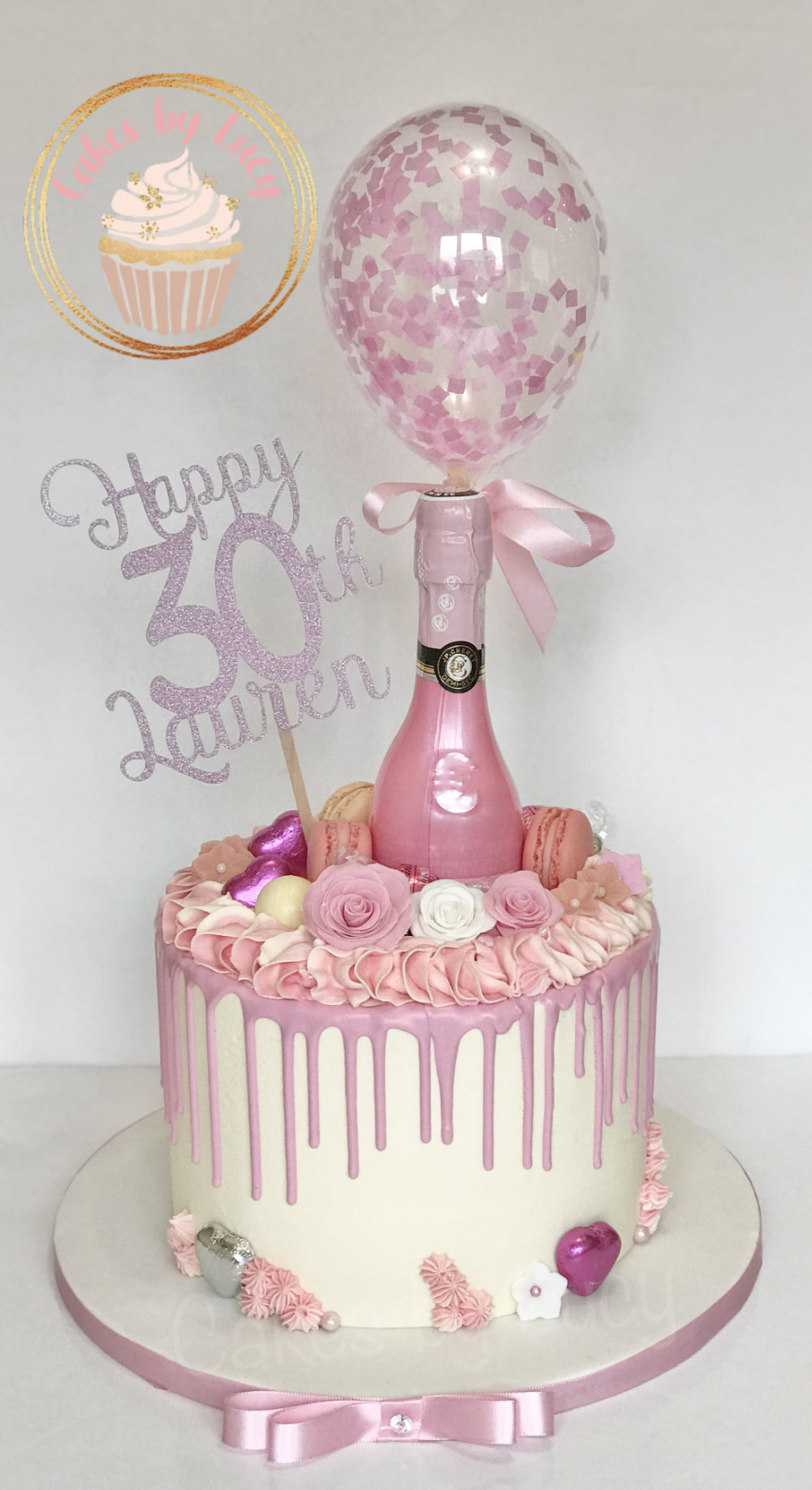 Pink Drip Cake with Mini Bottle and Balloon