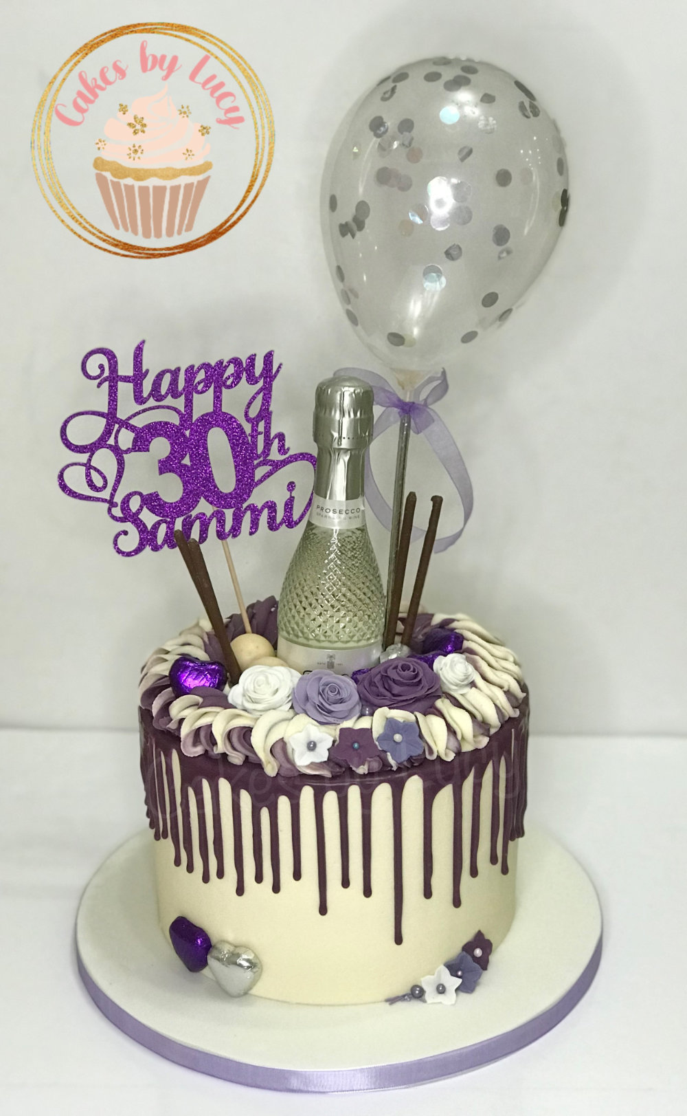 Purple Drip Cake with Mini Bottle and Balloon
